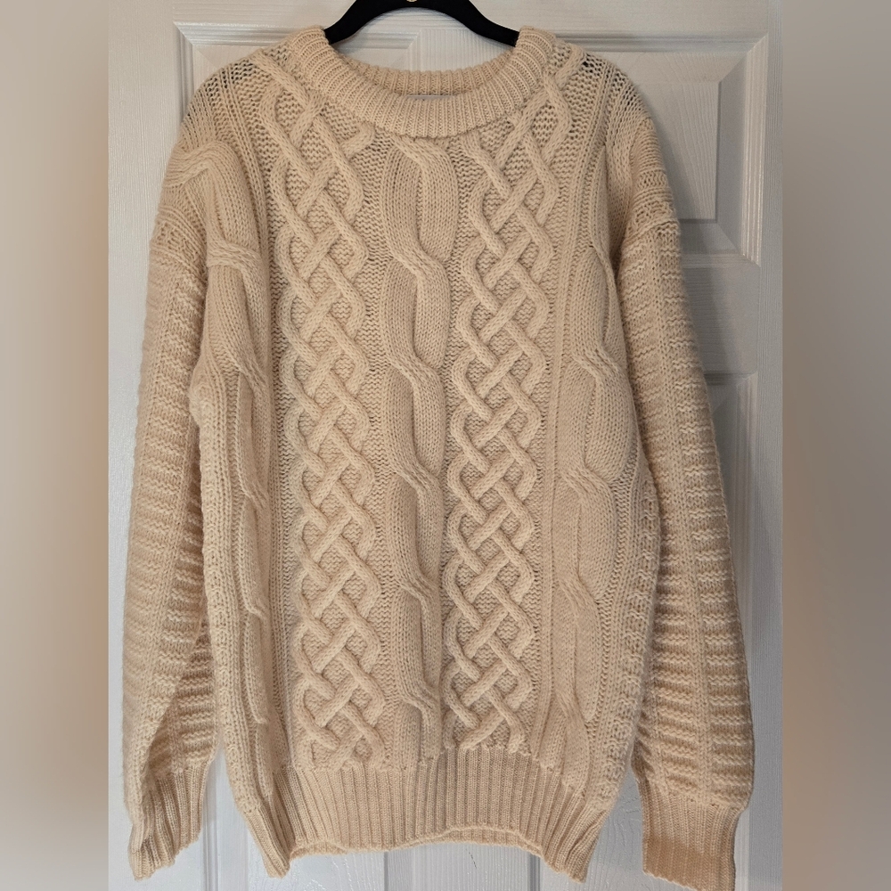 Kilkenny Mens Chunky Cable Knit Fishermans Wool Sweater Made In Ireland Sz Small